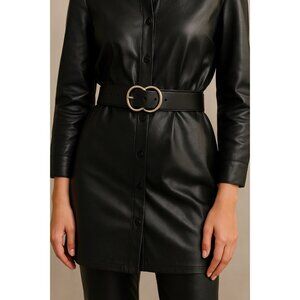 Halogen Black Genuine Leather Belt for Women Size S Double Ring Gold Buckle